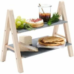 Auslauf 💯 SCHNEIDER ELECTRIC Serviertablett Schiefer - Mit 2 Etagen Kiefernholz Servierplatte Schieferplatte ❤️