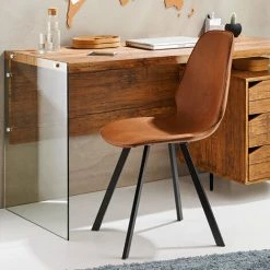 Aktion 🌟 SCHNEIDER ELECTRIC Stuhl Greg - Hellbrsune Lederoptik, Mattschwarze Beine Esszimmerstuhl Metall 😍